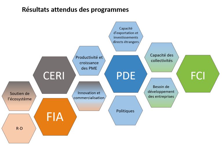 Diagramme illustrant les zones de chevauchement des résultats attendus entre le Programme CERI, le FIA, le PDE et le FCI