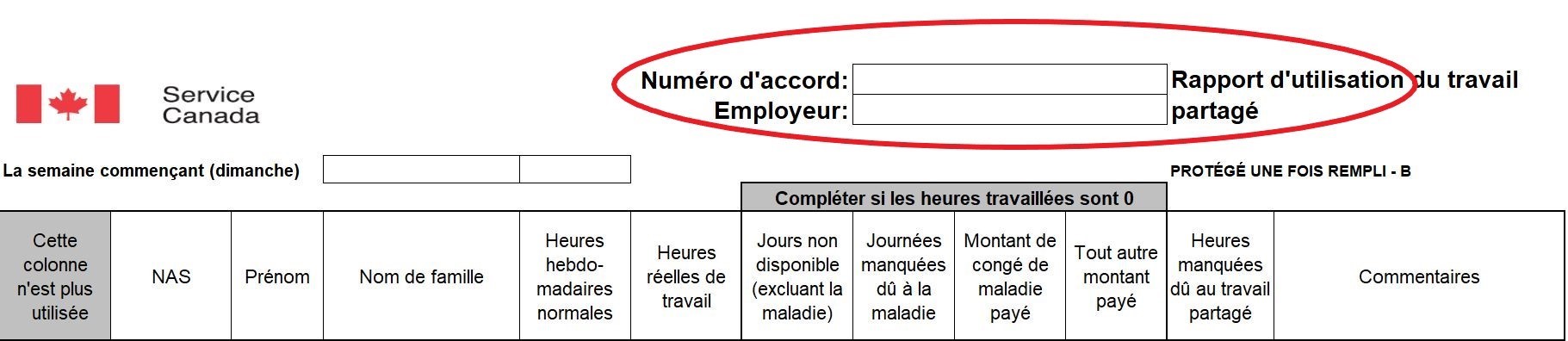Capture d’écran du formulaire montrant l’emplacement du champ Numéro d’accord et Employeur