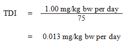 The equation used to calculate the tolerable daily intake (TDI) for xylenes.