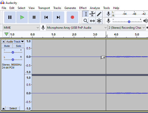 Screenshot of Audacity showing a zoomed-in area to mark the beginning of the sound track to be kept