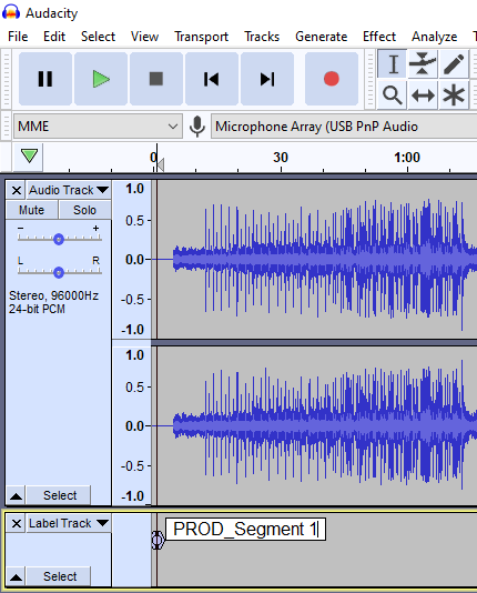 Screenshot of Audacity showing the marking of segments and adding of labels