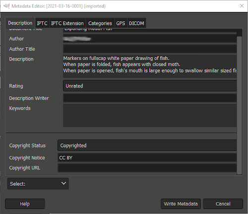 Screenshot of Metadata Editor dialogue box in GIMP. The “Description” tab is selected, and descriptive metadata is evident. 