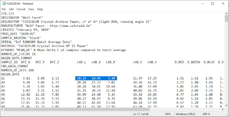 Screenshot of “R200209.it8” text file opened in Notepad. Lab colour info is highlighted for colour swatch A1. 