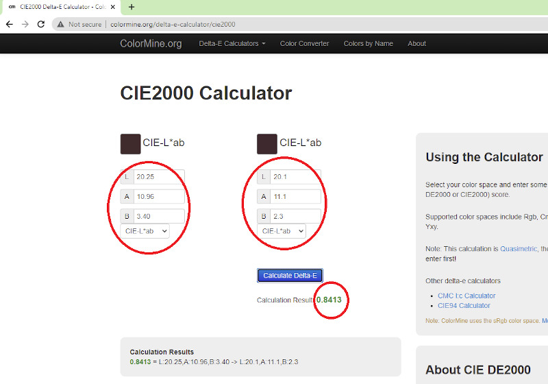 CIE2000 colour distance calculator web page. Two colours are being compared to determine their colour distance (Delta E). 