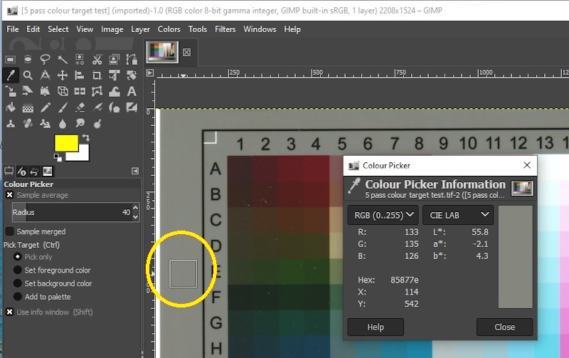 Screenshot of an IT8 colour chart being colour sampled in GIMP. Samples are being taken around the grey border. 