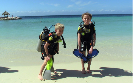 Two scuba divers on a tropical beach. The sufficient bit depth allows the image to appear photo-realistic. 