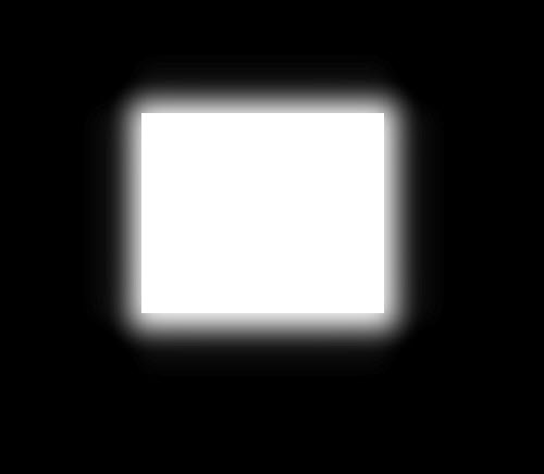 A pure white square on a pure black background. Light from the square has bled onto the black background, yielding a halo effect.