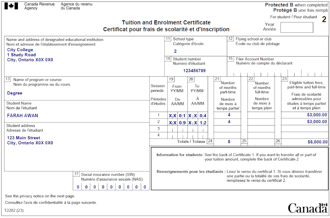 Text of Farah's T2202 slip is below