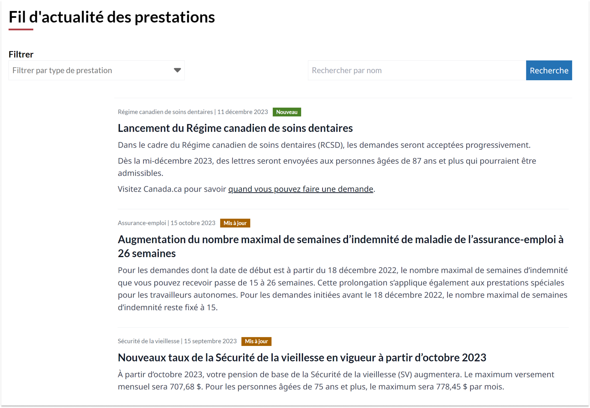 Fil d'actualité pour les prestations