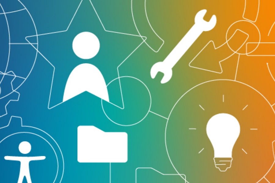 Icons representing a person, a folder, a lightbulb and a wrench