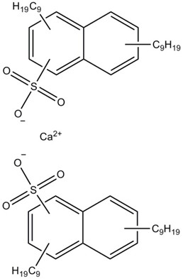 Representative chemical structure of calcium dinonylnaphthalenesulfonate, with SMILES notation: O=S(c2c1ccccc1cc(CCCCCCCCC)c2CCCCCCCCC)(O)=O