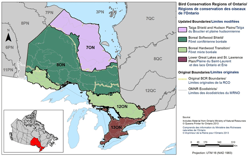 Carte des modifications apportés aux limites de la RCO 7 Ontario : taïga du Bouclier et plaine hudsonienne. Voir description longue ci-dessous.