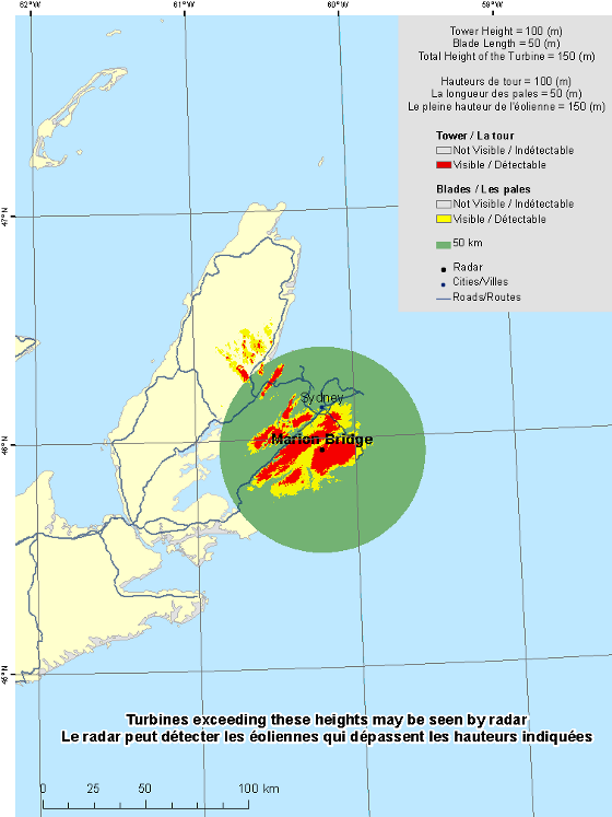 La présente carte illustre une vue du radar météorologique Marion Bridge situé aux coordonnées 45,94952° de latitude et -60,20541° de longitude. Un cercle est défini représentant un rayon de 50 km à partir du radar. Il y a également une région colorée qui indique les endroits où une éolienne peut être détectée par le radar. De même, les villes et routes principales sont indiquées. Une explication sur la façon de lire cette carte se trouve dans la partie « Examen de la carte ».