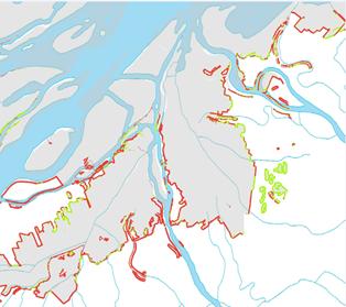 Carte illustrant l'embouchure de la rivière Yamaska au lac Saint-Pierre où des lignes rouges indique l'absence de zone tampon autour des milieux humides et où des lignes vertes indiquent leur présence 