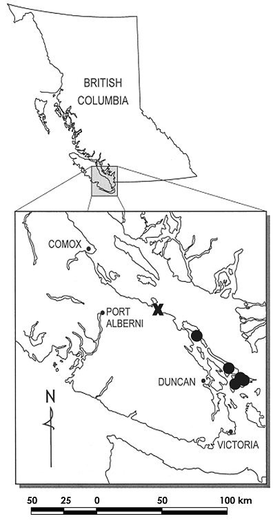 Figure 4. Canadian Uropappus lindleyi sites (n= extant site; r= extirpated site).