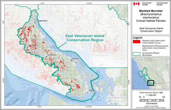 Fig B-5: Map showing scattered locations of critical habitat throughout the East Vancouver Island Conservation Region. (See long description below)