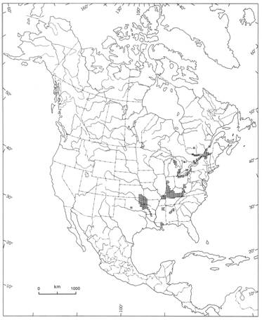 Figure 2. Répartition du fouille-roche gris (Percina copelandi) en Amérique du Nord