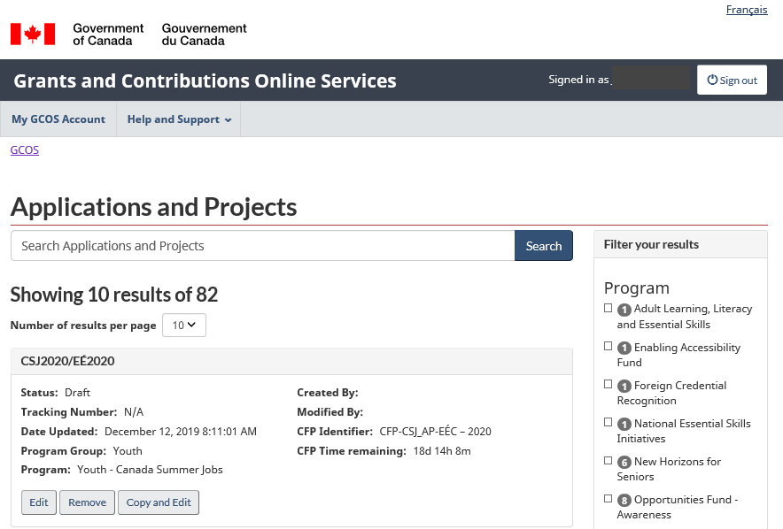 Grants and contributions online services User guide (Submitting an