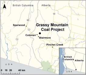 Map showing the location of Grassy Mountain Coal Project.