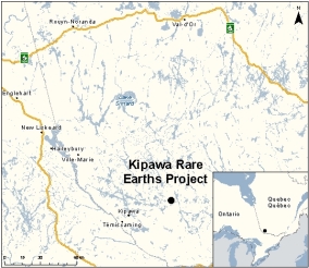 Map showing the location of Kipawa Rare Earths Project.