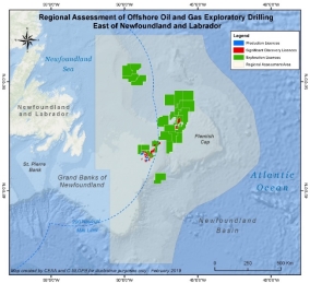 Map showing the location of the Regional Assessment of Offshore Oil and Gas Exploratory Drilling East of Newfoundland and Labrador.