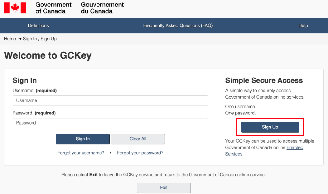 Sign up button on GCKey sign-in page