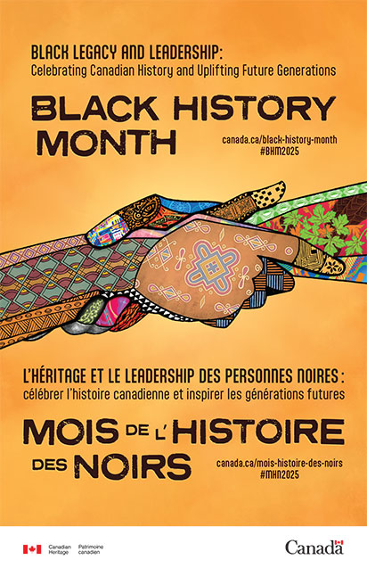 Bilingual poster featuring the colourfully decorated arms of two individuals clasping hands.