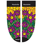 Two banner panels, featuring a stained-glass-like pattern of purple crocuses and green foliage, on an orange background.