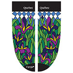 Two banner panels, featuring a stained-glass-like pattern of purple and yellow irises and green foliage, on a blue and white background.