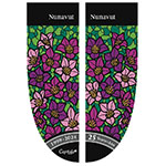 Two banner panels, featuring a stained-glass-like pattern of purple flowers and green foliage.