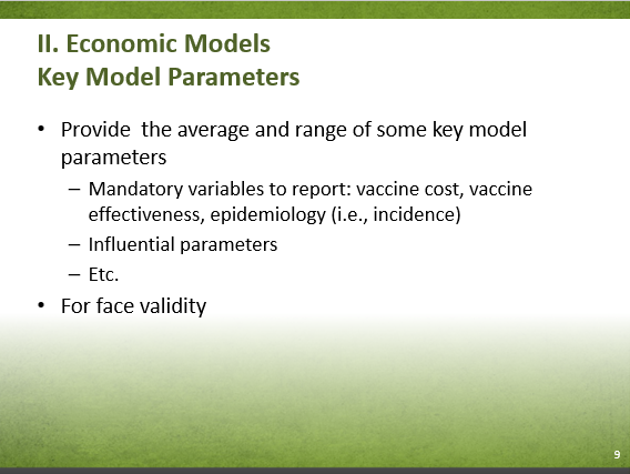 Slide 8-9. II. Economic Models, Key Model Parameters. Text description follows.
