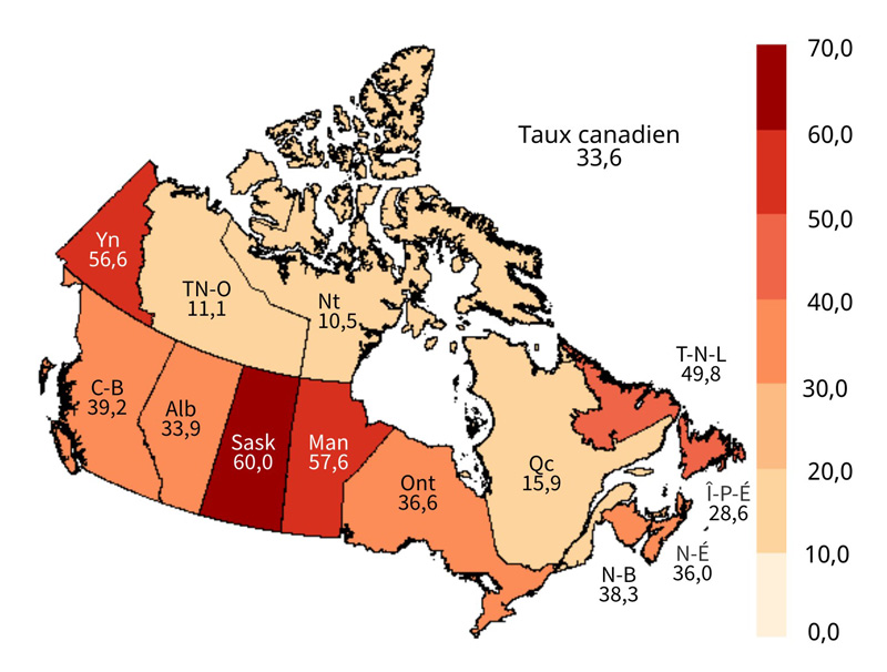 Figure 10. Répartition géographique des taux de cas déclarés d'hépatite C par province et territoire au Canada, SCSMDO, en 2018