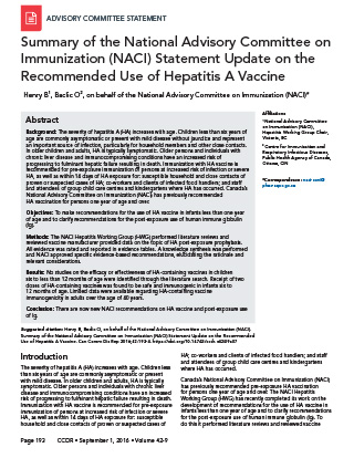 Summary of the National Advisory Committee on Immunization (NACI) Statement Update on the Recommended Use of Hepatitis A Vaccine