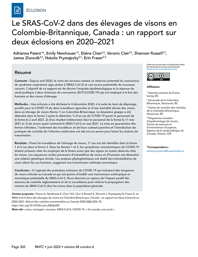 Volume 48-6, juin 2022 : Infections acquises par transmission vectorielle–partie 2 : faune & animaux de compagnie