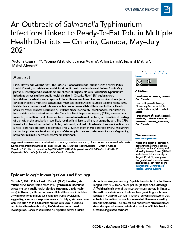 Salmonella Typhimurium infections linked to readytoeat tofu, CCDR 49