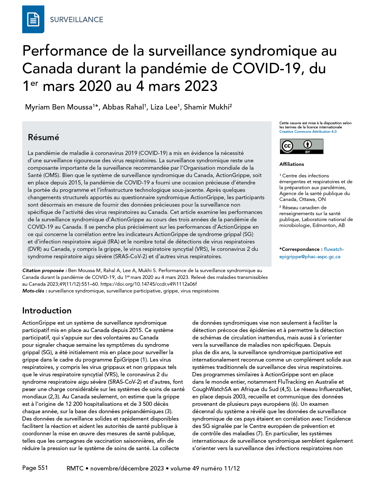 Volume 49-11/12, novembre/décembre 2023 : Performance de la surveillance syndromique au Canada durant la pandémie de COVID-19, du 1er mars 2020 au 4 mars 2023