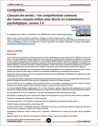 Corrigendum – Glossaire des termes : Une compréhension commune des termes courants utilisés pour décrire les traumatismes psychologiques, version 3.0