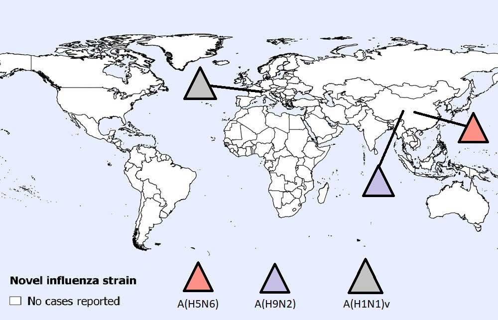 Figure 1. Spatial distribution of human cases of avian and swine influenza reported globally in December 2023 (n=4).