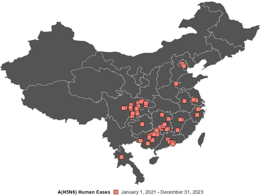 Figure 4. Spatial distribution of human cases of A(H5N6) influenza reported in China and Lao PDR from January 1, 2021, to December 31, 2023 (n=63).