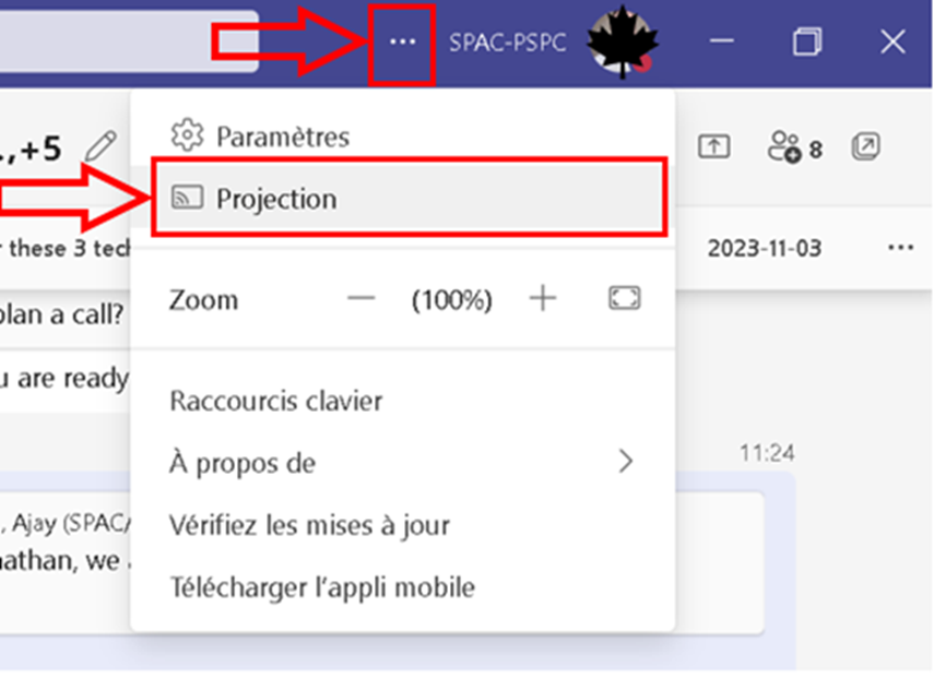 Fenêtre Teams montrant comment accéder à la fonctionnalité « Projection »
