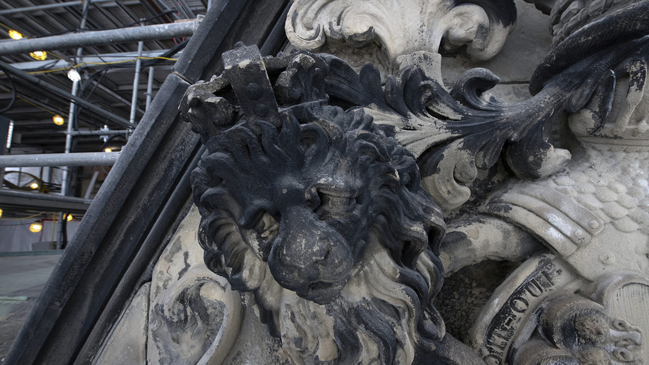 Detail of the ornate carving of the Royal Arms of the United Kingdom