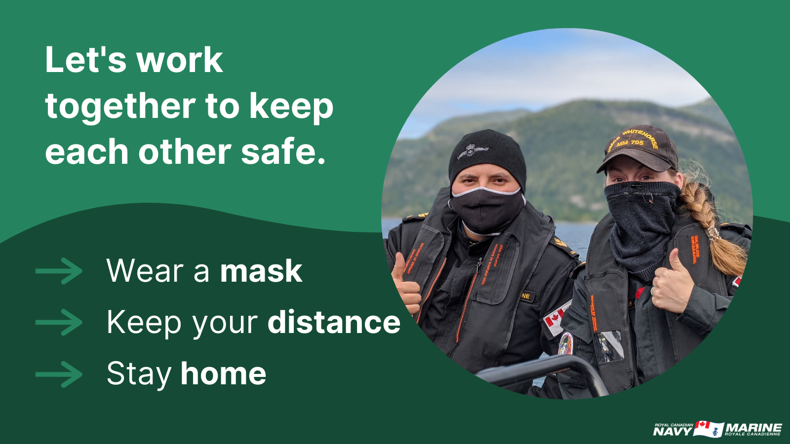 Slide - Let's work together to keep each other safe. Wear a mask. Keep your distance. Stay home.